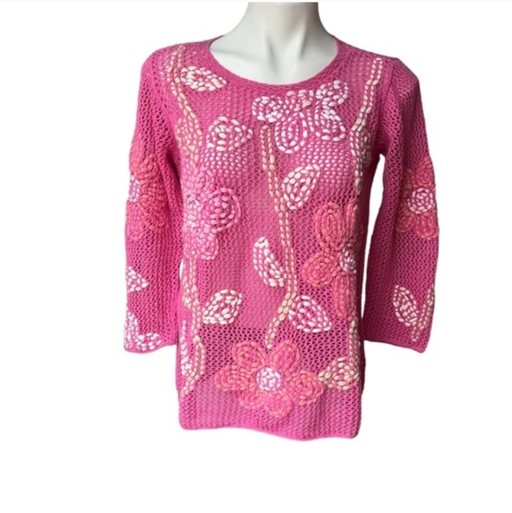 Sigrid Olsen Pink Multi Hand Knitted Floral Sweater Y2K Size Medium Petite